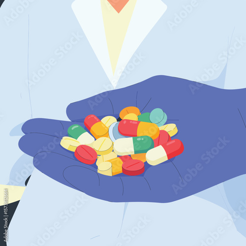 Doctor wearing blue gloves holds a handful of colorful pills and capsules