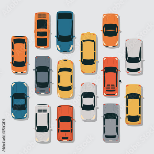 Collection of colorful cars parked in a top down view on a light background
