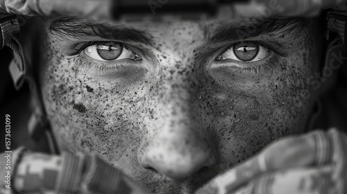 Intense eyes of soldier with camo face paint in black & white