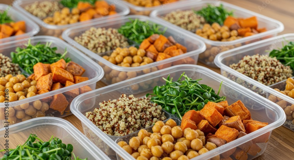 Freshly Prepared Meal Prep Containers with Healthy Ingredients Including Quinoa, Chickpeas, Sweet Potatoes, and Greens Freshly Prepared Meal Prep Containers with Healthy Ingredients Including Quinoa, Chickpeas, Sweet Potatoes, and Greens