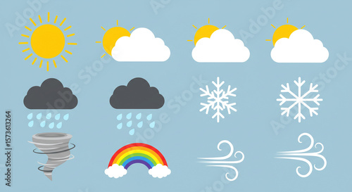 Weather forecast icons set vector illustration of sun cloud rain snow tornado rainbow and wind symbols on transparent background
