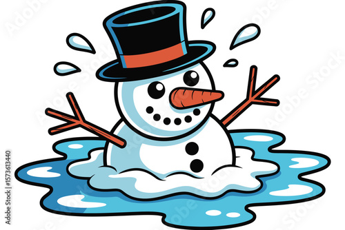 Cartoon snowman with a top hat melting in a puddle of water