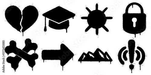 Graffiti Stencil Icons Collection. set features eight bold symbols, including a broken heart, graduation cap, sun, padlock, crossed bones, arrow, mountains, and an exclamation mark with signal waves.