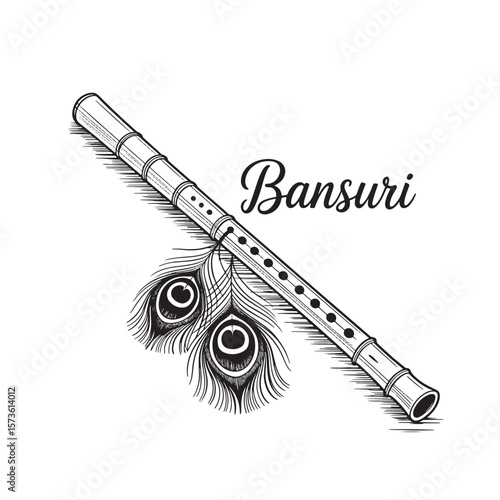 Traditional indian bansuri bamboo flute with decorative peacock feathers in a hand drawn sketch style
