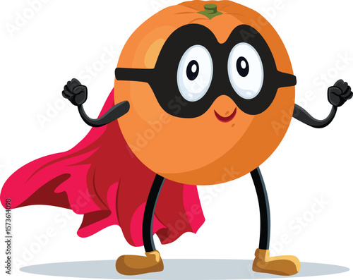 Happy Masked Superhero Orange Fruit Vector Character. Super food with vitamins and super powers wearing a cape 
