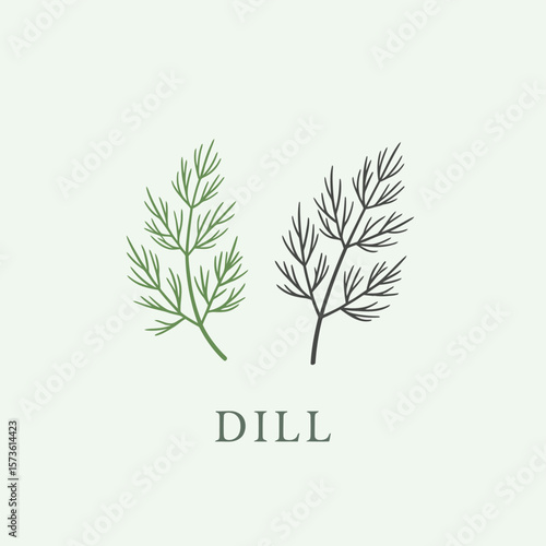 Two delicate sprigs of dill one green and one dark outline with the word dill below