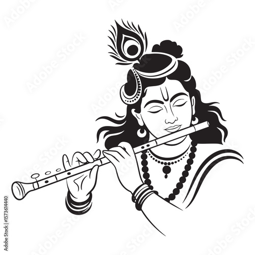 black and white krishna playing flute clip art preview