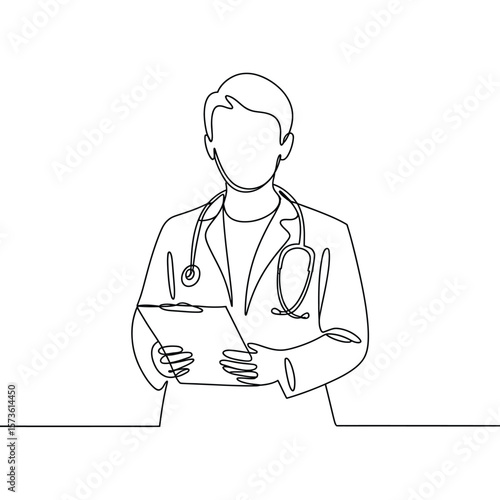 Doctor wearing a lab coat and stethoscope holding a clipboard in a continuous line drawing