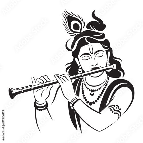 Stylized black and white illustration of lord krishna playing the flute with a peacock feather in his hair