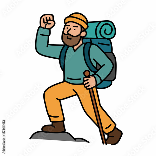 A confident hiker climbing with a large backpack and trekking pole. Ideal for hiking, adventure, mountain travel, and outdoor exploration content.