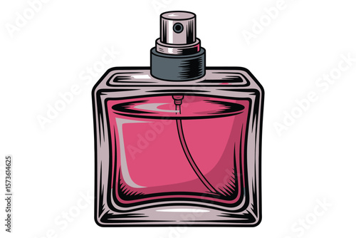 Stylized illustration of a modern glass perfume bottle filled with pink liquid