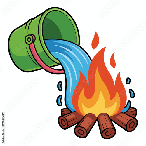 Green bucket pouring water onto a campfire to extinguish the flames