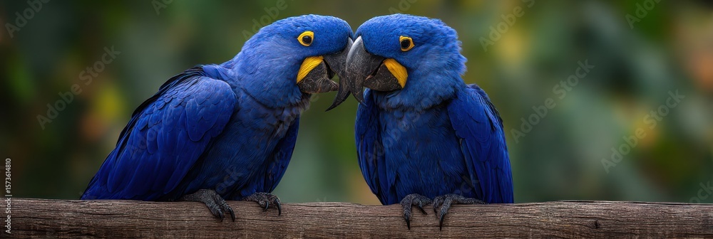 Obraz premium Close interaction of Hyacinth Macaws showing affection on a long wooden perch, deep jungle background, symmetrical positioning with ample space for headline text