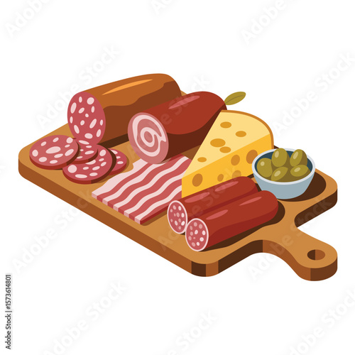 Assortment of cured meats cheese and olives arranged on a wooden cutting board