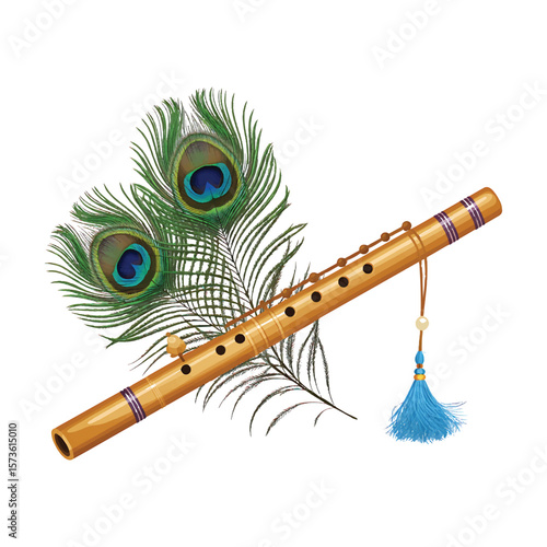 Traditional wooden bamboo flute with decorative peacock feathers and blue tassel