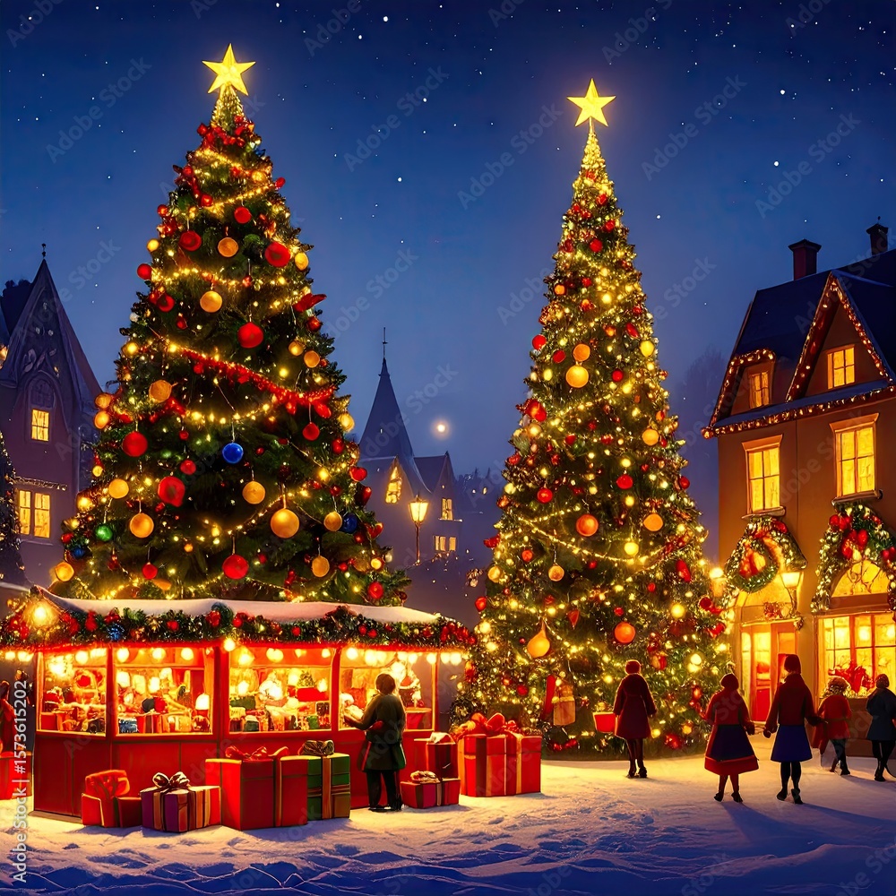 Obraz premium Festive Christmas market scene at night