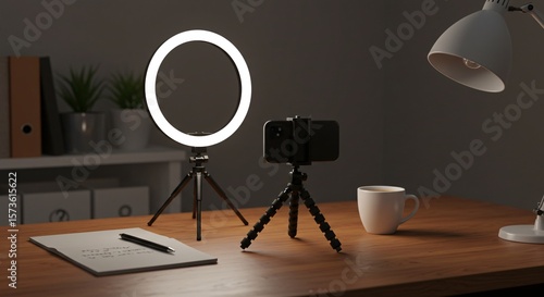 Smartphone Tripod and Ring Light Setup on Creator Desk