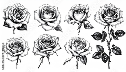 Detailed black and white rose illustrations