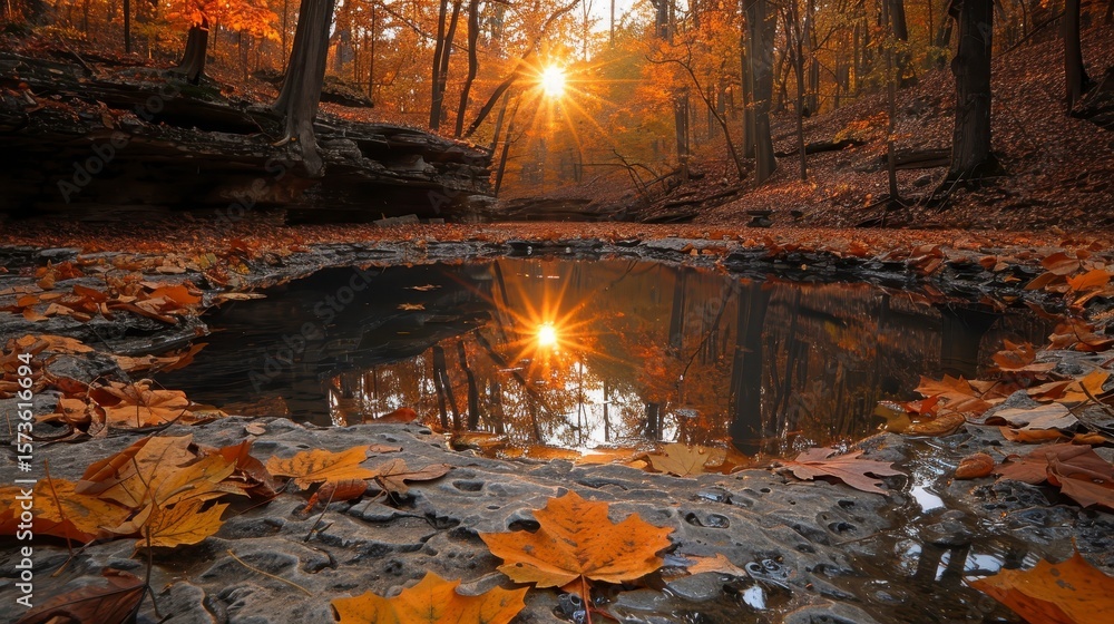 Obraz premium Autumn stream. Fallen leaves surround a still pool reflecting the sunburst through trees in colorful woodland scene