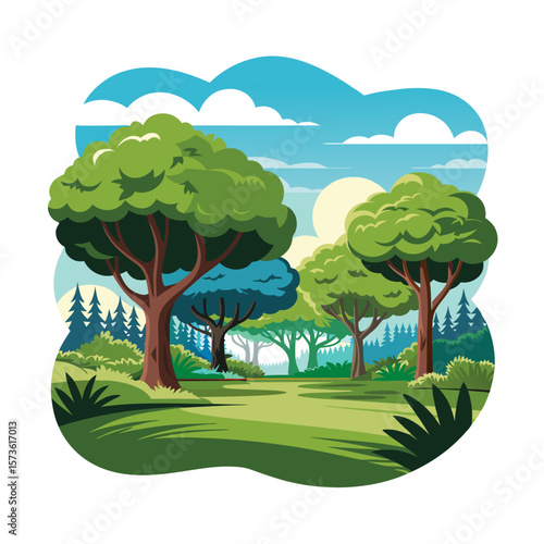 A vibrant cartoon landscape with green trees, a grassy field, and a bright blue sky with fluffy clouds.