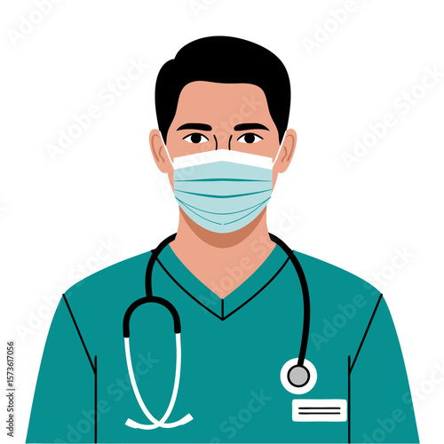 Illustration of a male doctor wearing a surgical mask and stethoscope, dressed in scrubs.