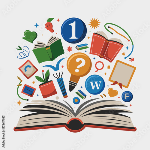 Open book bursting with colorful learning icons, representing knowledge, education, and exploration.
