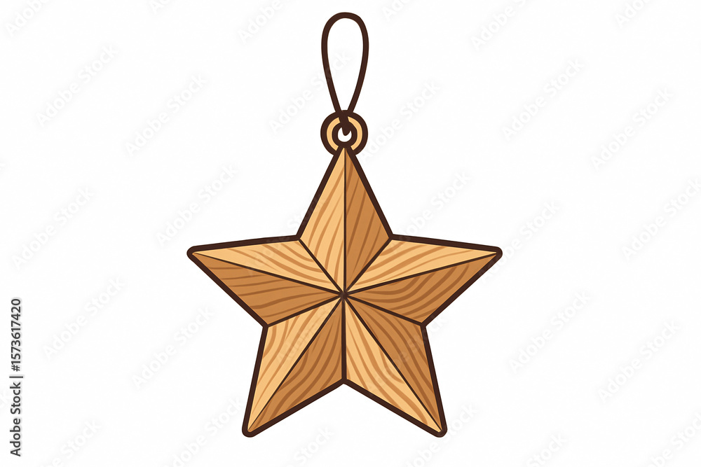 Illustration of a wooden star ornament with a hanging loop on a plain white background view from front Illustration of a wooden star ornament with a hanging loop on a plain white background view from front
