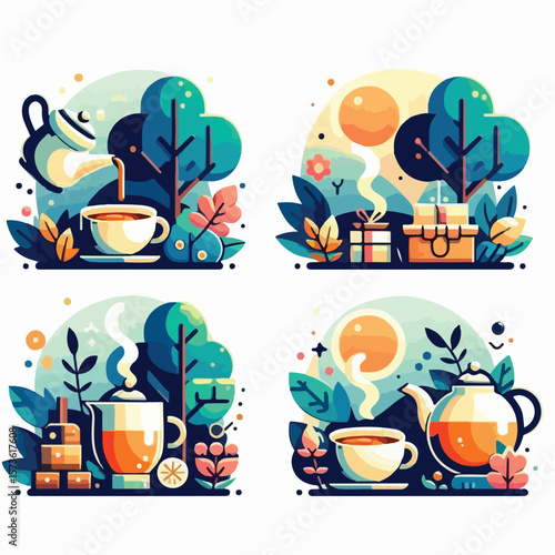 image of enjoying tea in spring with a simple and minimalist flat design using a white background