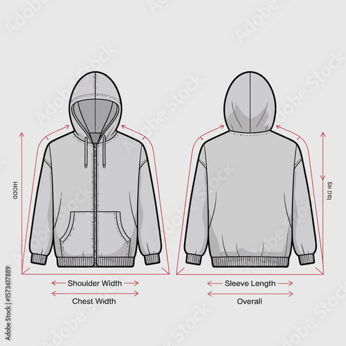 Technical Drawing of a Zip Up Hoodie