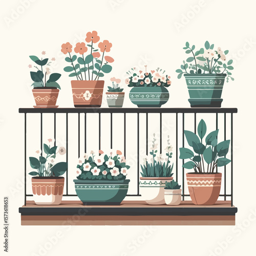 Picture of a flower pot on the balcony with a simple and minimalist flat design using a white background