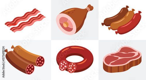 Various Meats and Processed Meats Isometric Illustration