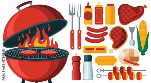 BBQ Grill with Food and Utensils
