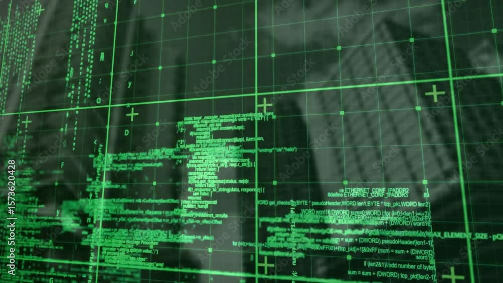 On loading digital grid fading, code streams cascading, blocks shifting ...