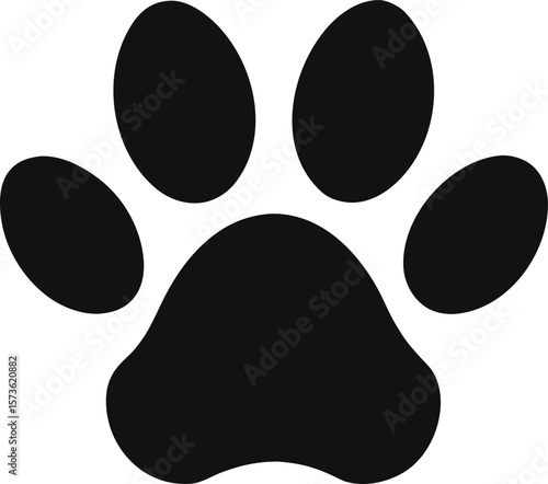 Dog paw print silhouette, pet care symbol with white background.