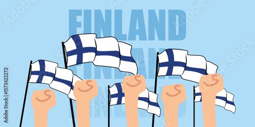 hand with flag of the Finland or Finland independence day vector illustration of Finland flag with blue background banner or greeting card