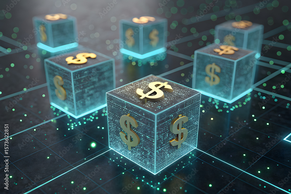 Obraz premium Digital currency cubes with glowing dollar signs in a futuristic network grid.