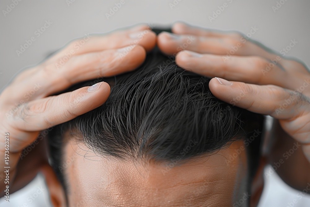 Naklejka premium Close-up of hands styling dark hair, showcasing texture and meticulous grooming technique