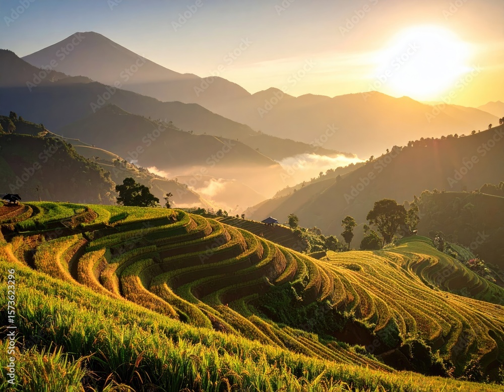 Obraz premium Golden rice terraces at sunrise (1)