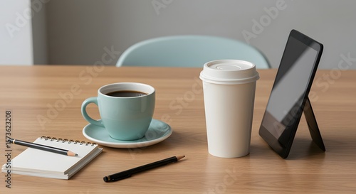 Morning coffee and digital tablet setup for productive work session on wooden desk with notebook and pencils