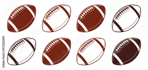 Collection of american footballs in different styles and colors on white background