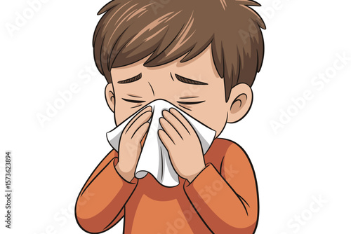 Cartoon boy with brown hair blowing his nose with a white tissue