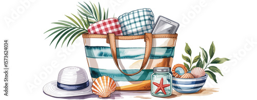 Stylish Beach Tote Bag with Picnic Items