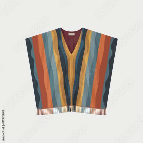 Colorful striped poncho with fringe detail and v neckline