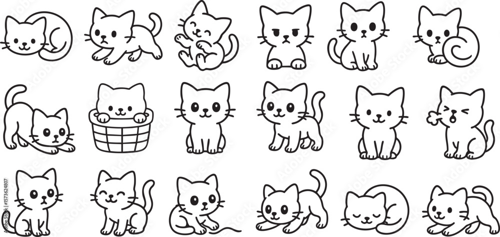 Obraz premium Cute Cartoon Cat Set in Poses Simple Black and White Line Art for Kids Coloring Book | Generative AI