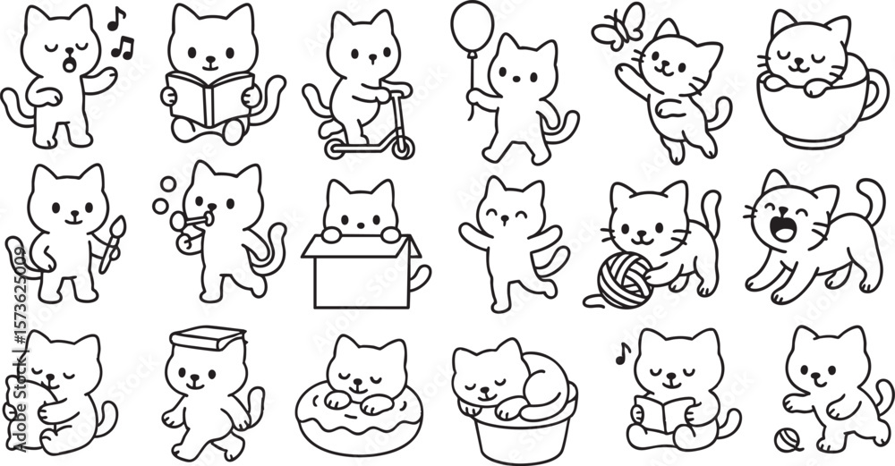 Fototapeta premium Cute Cartoon Cat Set in Poses Simple Black and White Line Art for Kids Coloring Book | Generative AI