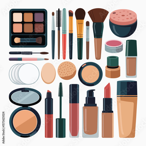 Collection of cosmetic makeup products and brushes arranged neatly on a white background