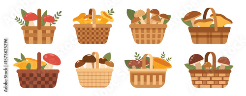 Collection of wicker baskets filled with assorted fresh forest mushrooms