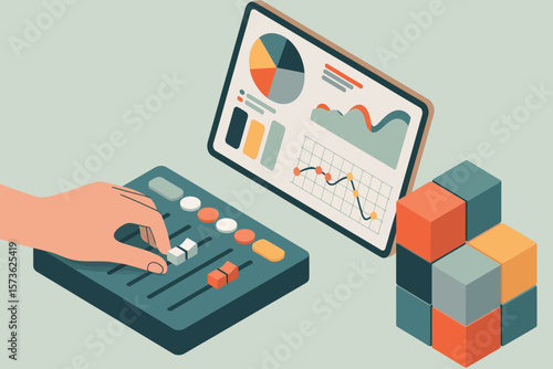 Hand adjusting sliders on a mixing board next to a tablet displaying financial charts and data cubes