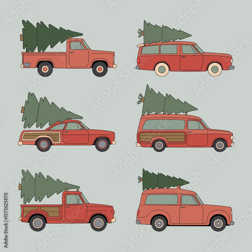 Collection of vintage red trucks and station wagons carrying christmas trees