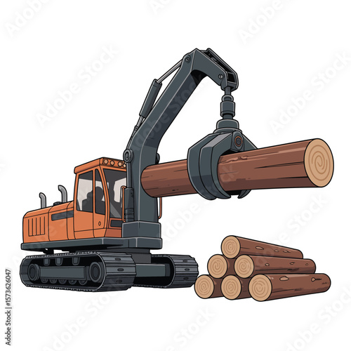 Orange excavator with grapple claw lifting a log next to a stack of logs